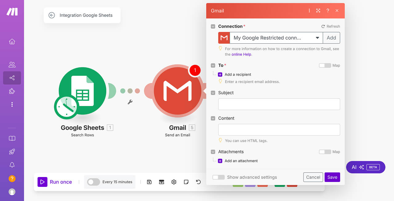 Options of "Send an email" module