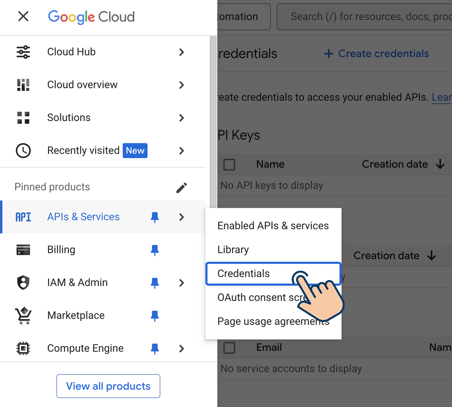 Link to the credentials page of GCP