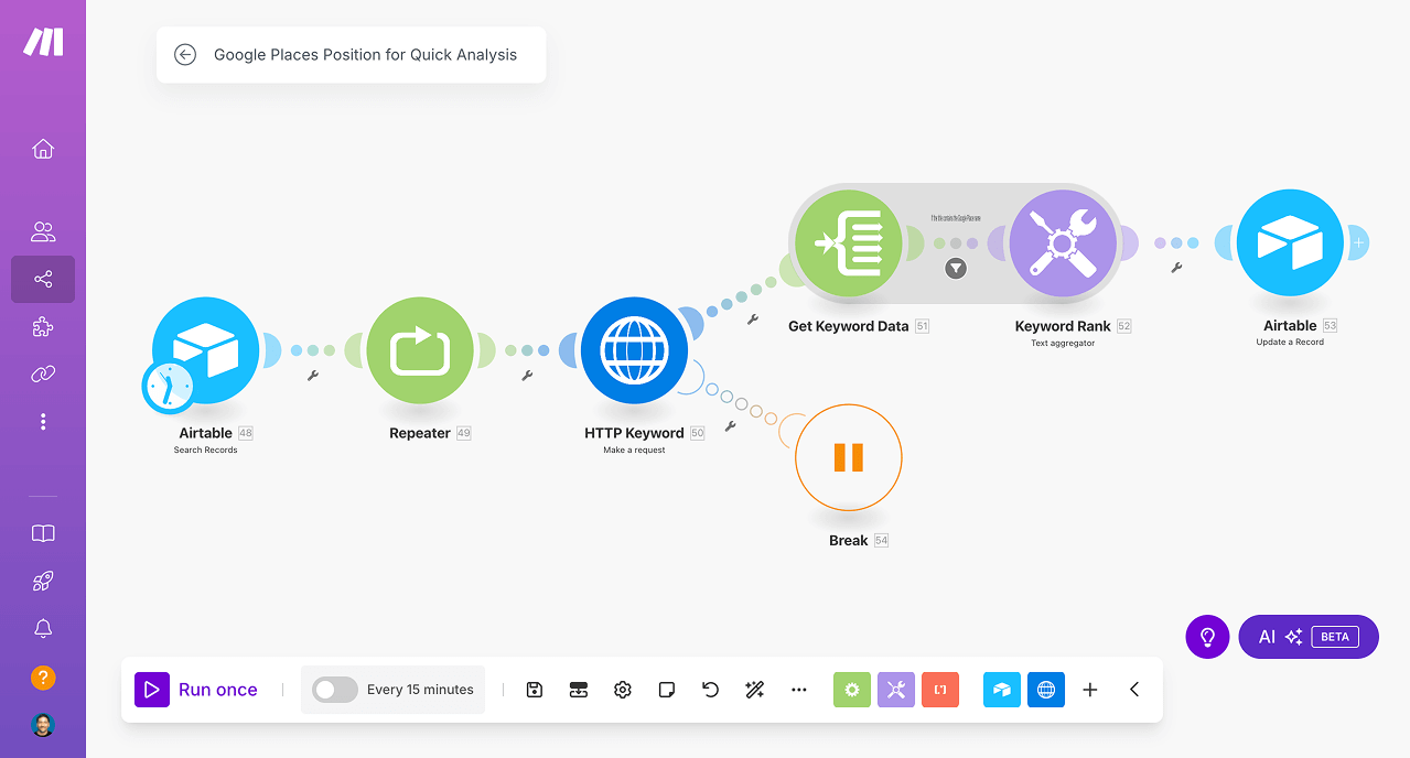 Make.com automation that gets Google Places position for keywords provided