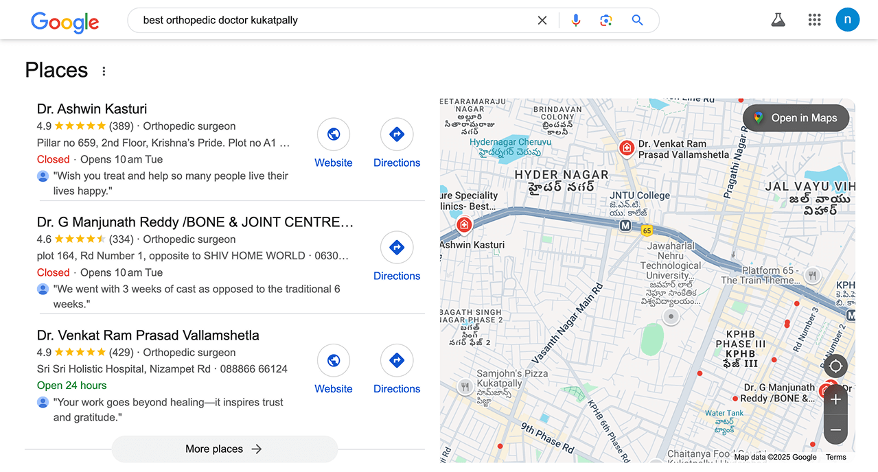 Google Places search results for a keyword typed into Google