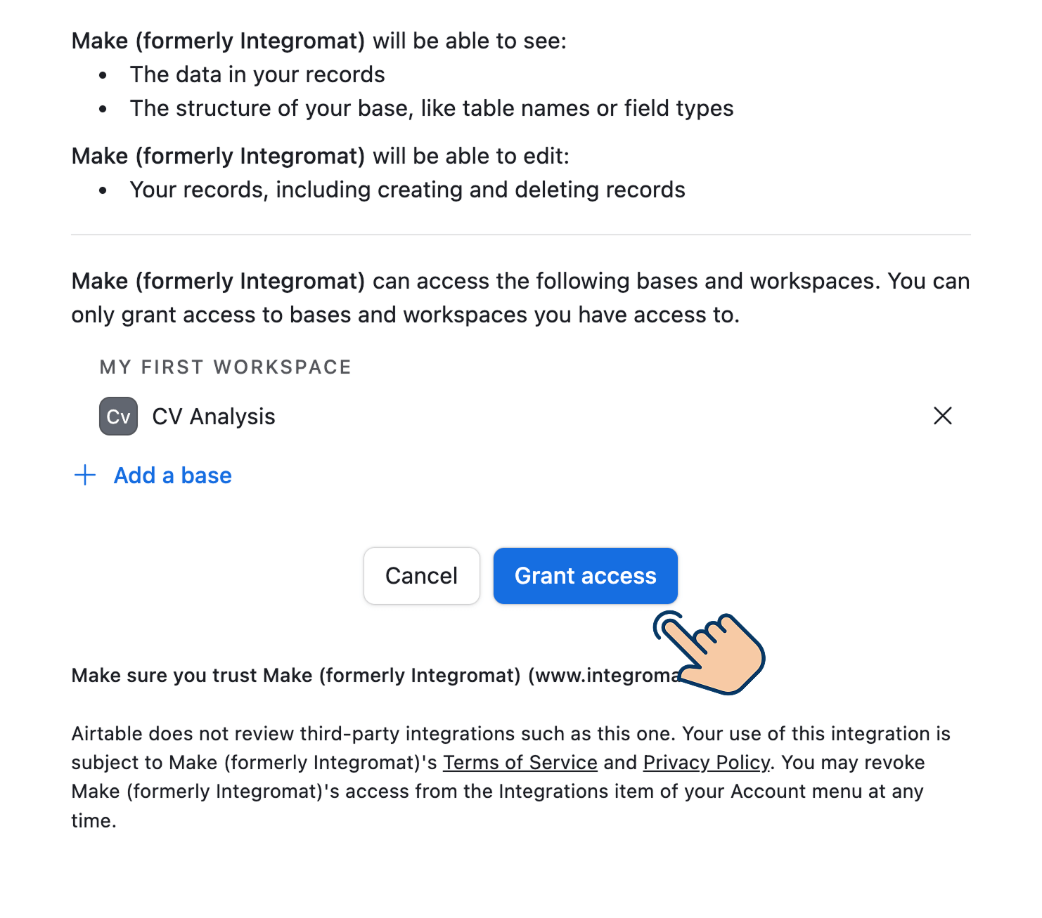 Granting the access of CV Analysis base to Make.com
