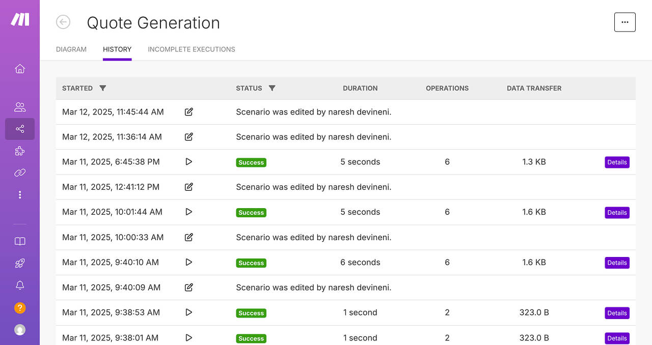 History tab of a Scenario