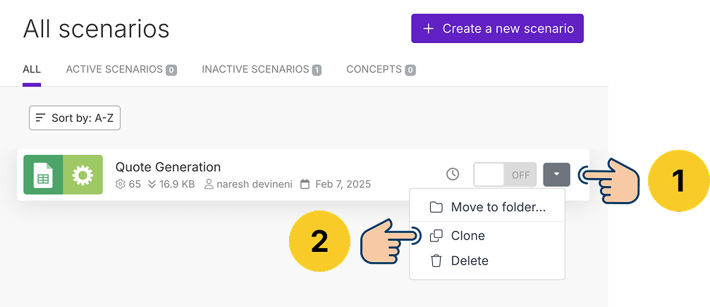 Scenario Options menu and the "Clone" button