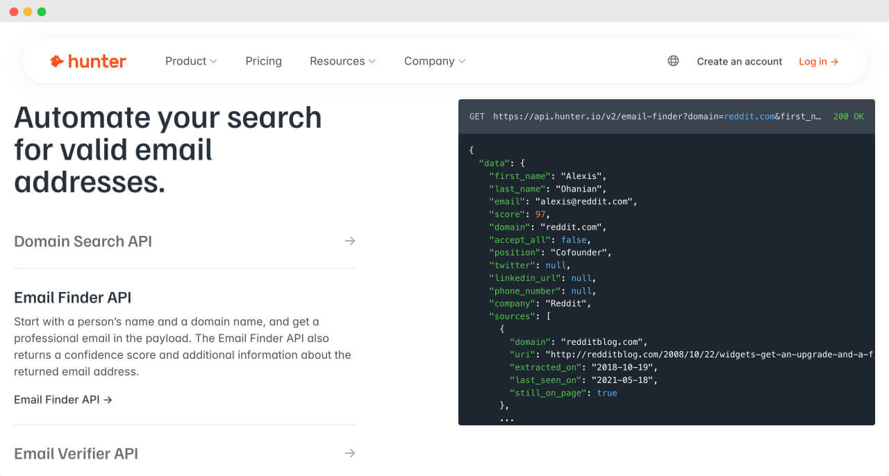 Hunter API landing page