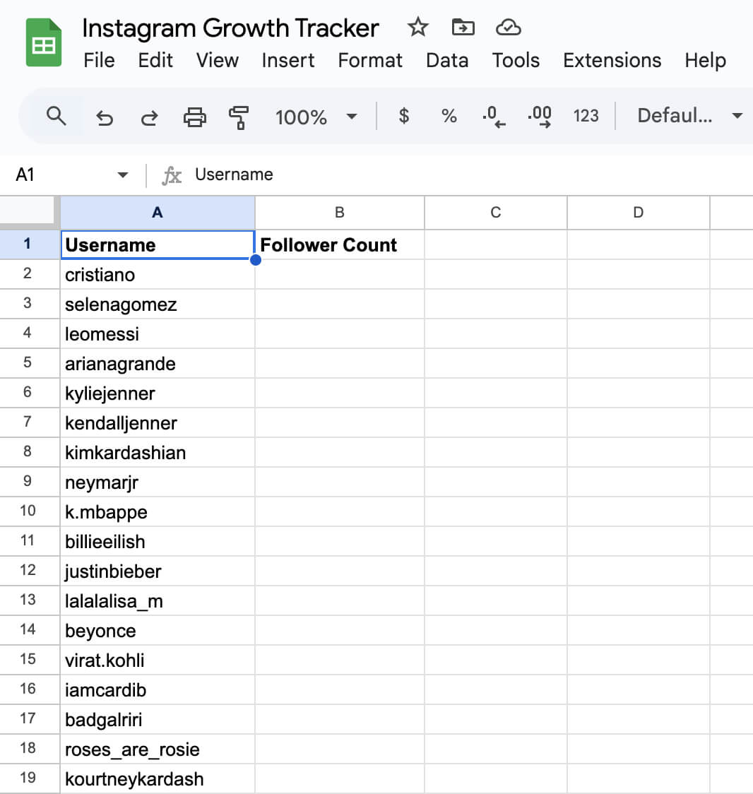 Instagram Growth Tracker Spreadsheet with Usernames filled, and their follower counts yet to be filled.