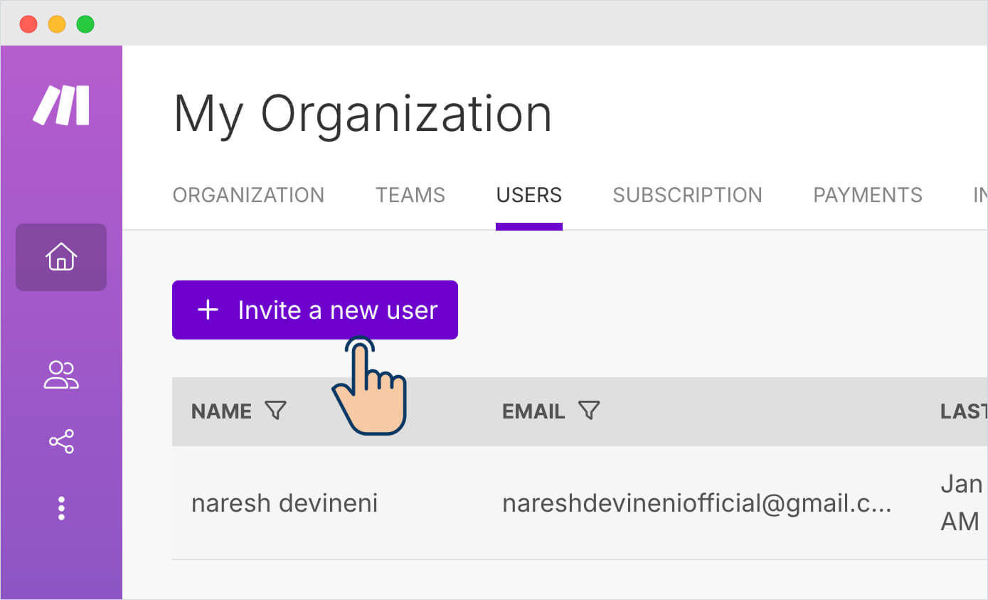 Invite new user button on make.com