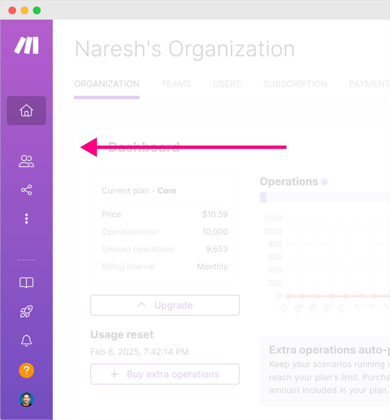 Collapsed navigation menu of Make.com dashboard
