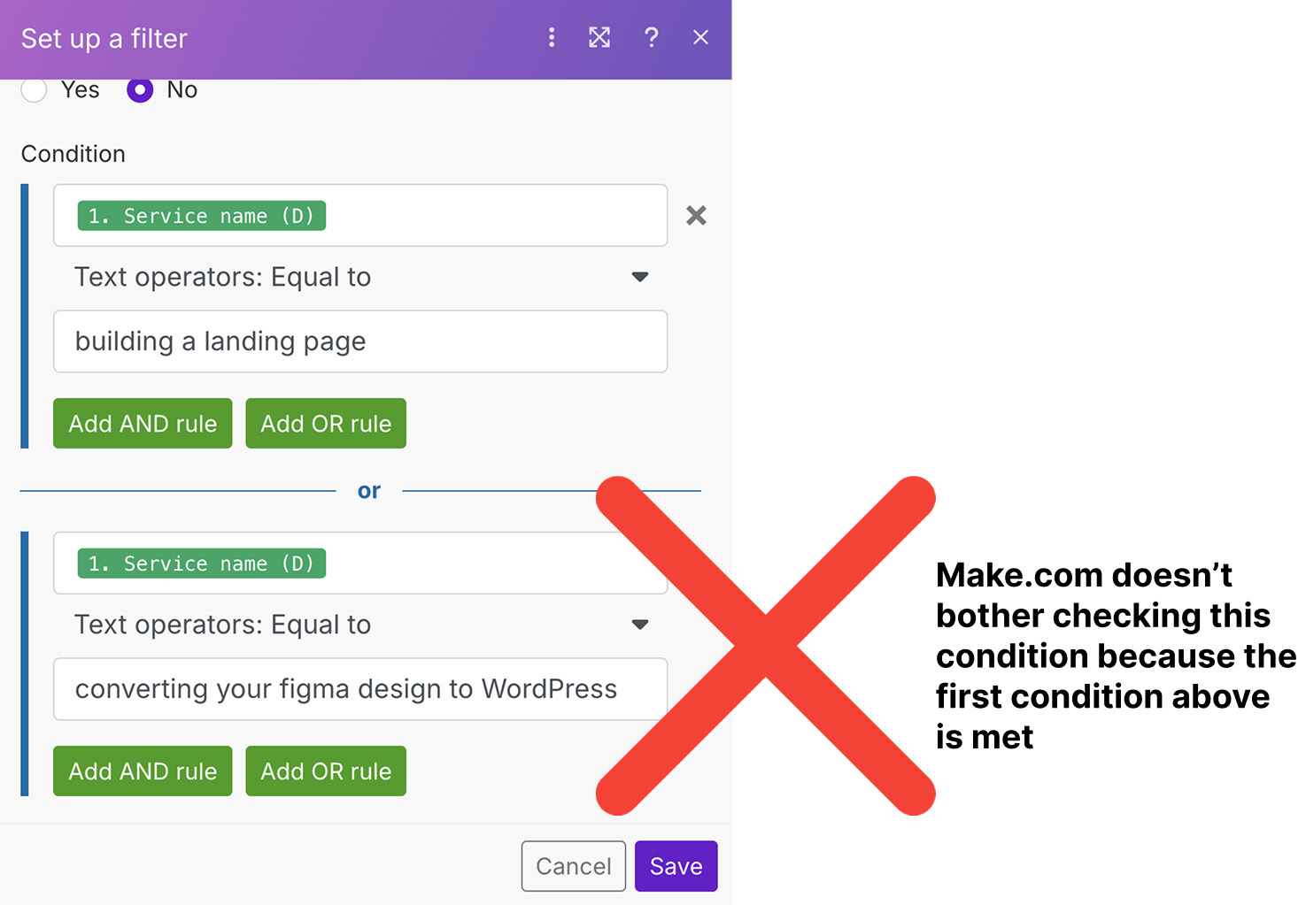 Make.com doesn't bother checking the second condition if the first condition is not met