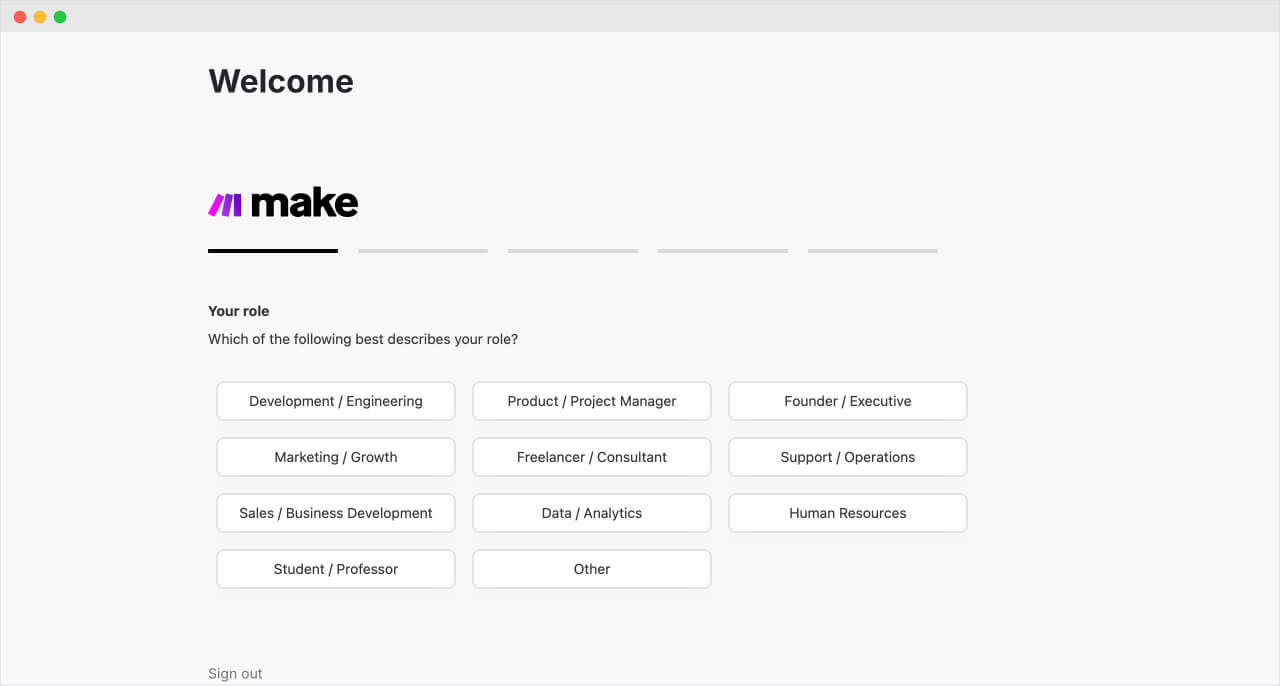 Choosing your role as part of make.com onboarding