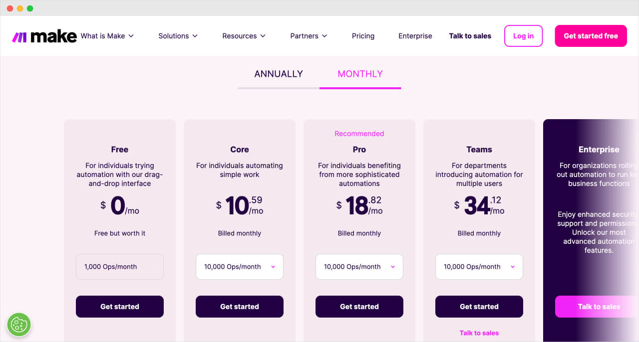 make.com pricing table
