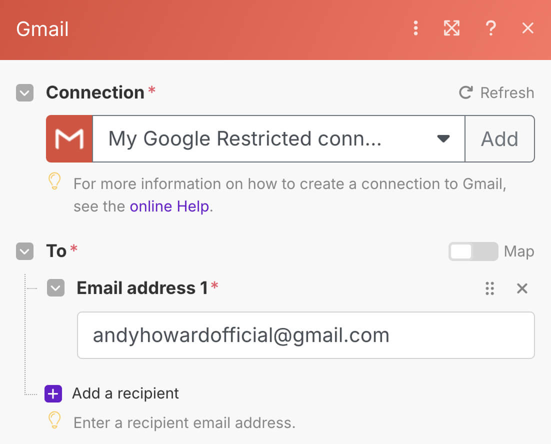 Manually entered email address inside the "Email address 1" field