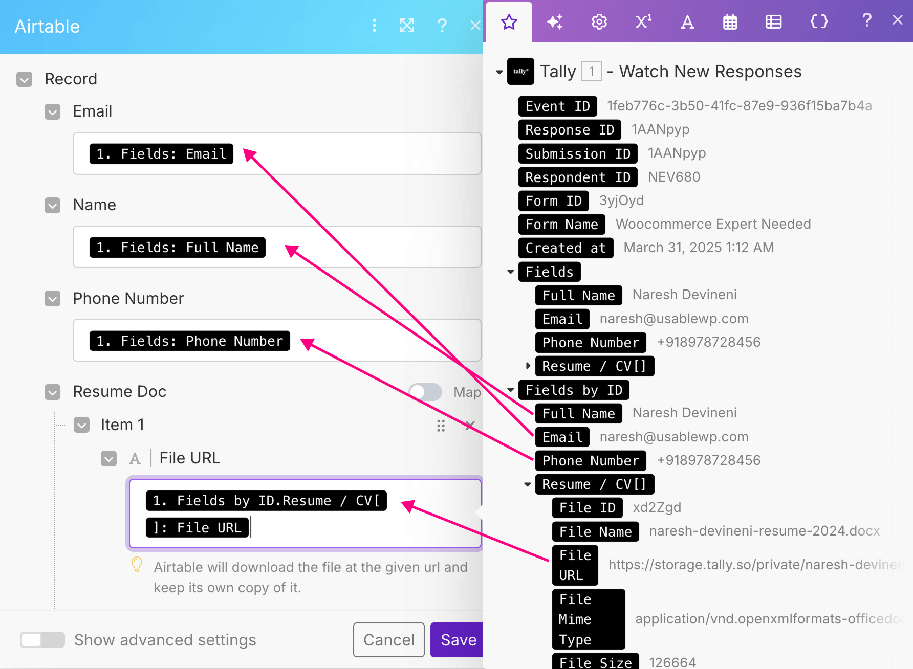 Mapping the data of the applicant from the Tally module to the corresponding fields of Airtable's CV Analysis base