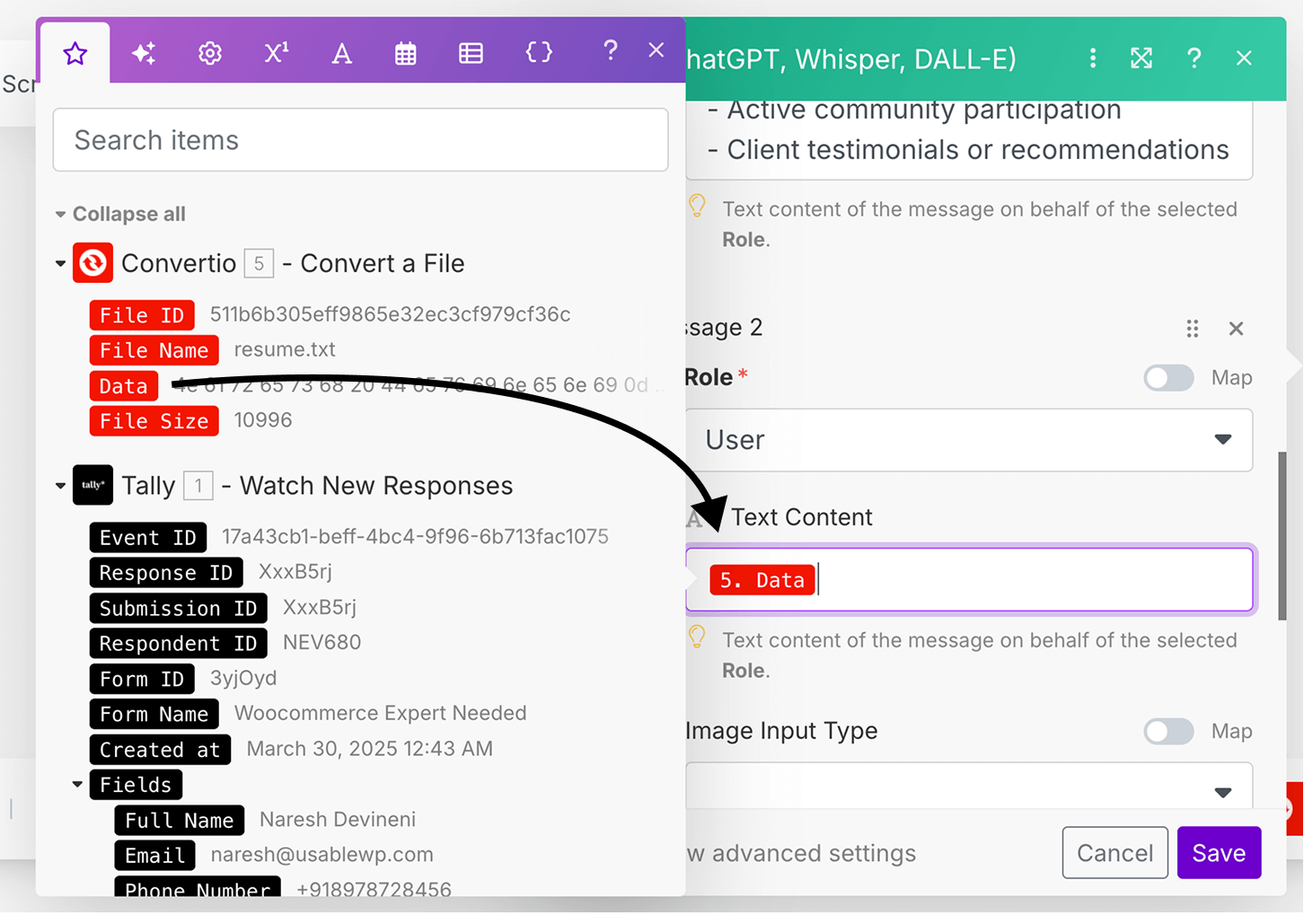 Mapping the data of resume of to ChatGPT as a message with "User" role