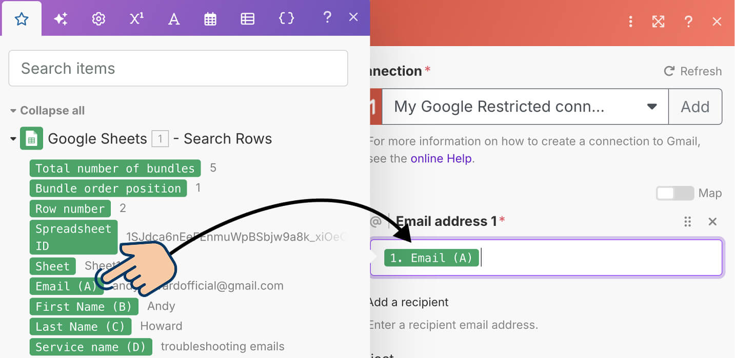 Mapping the value of email column into the "Email address 1" field