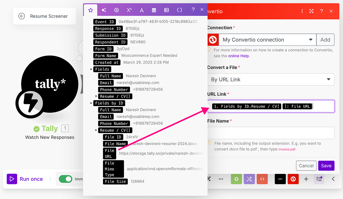 Mapping the file URL from Bundle 1 to the URL Link field of Convert a file module