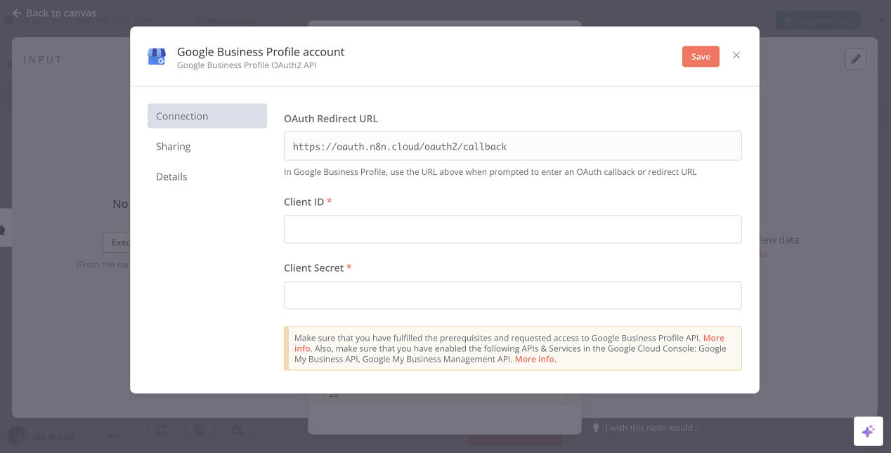 Configuration options of N8N to help you connect with your Google Business Profile account.