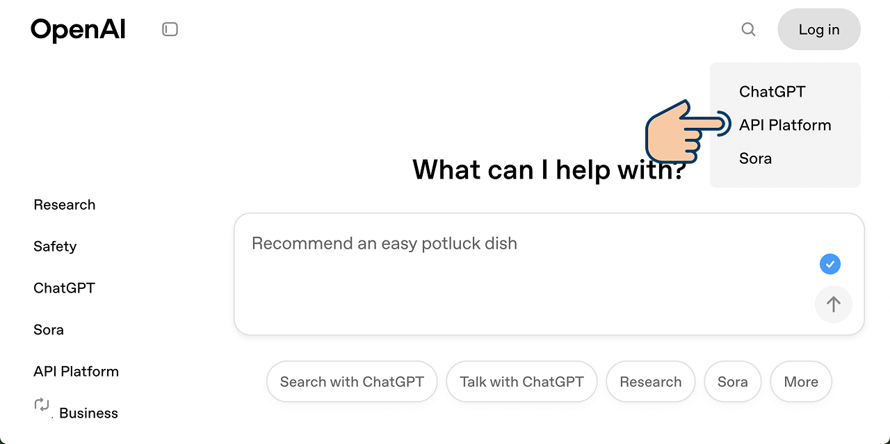 OpenAI website's Login dropdown menu. It contains a link to access API platform.
