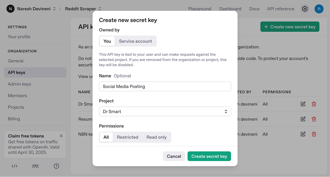 API key generation popup on OpenAI's website 