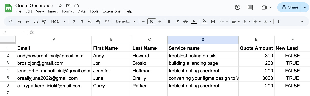 Sample Google sheet for quote generation