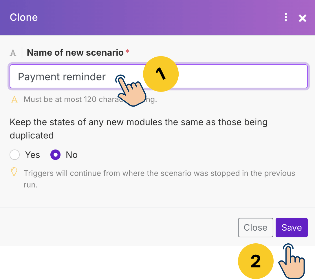 Renaming the cloned scenario and saving it