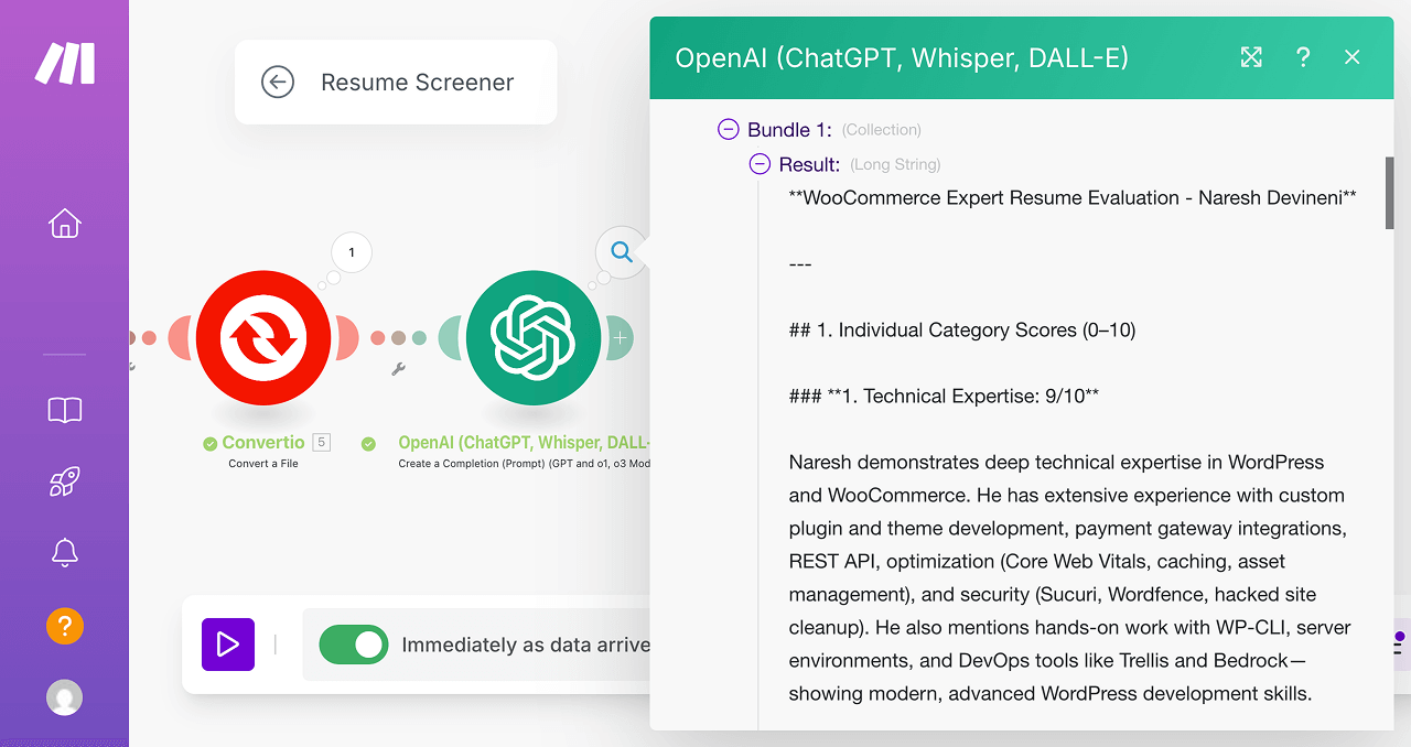 Response of ChatGPT API containing the evaluation of resume