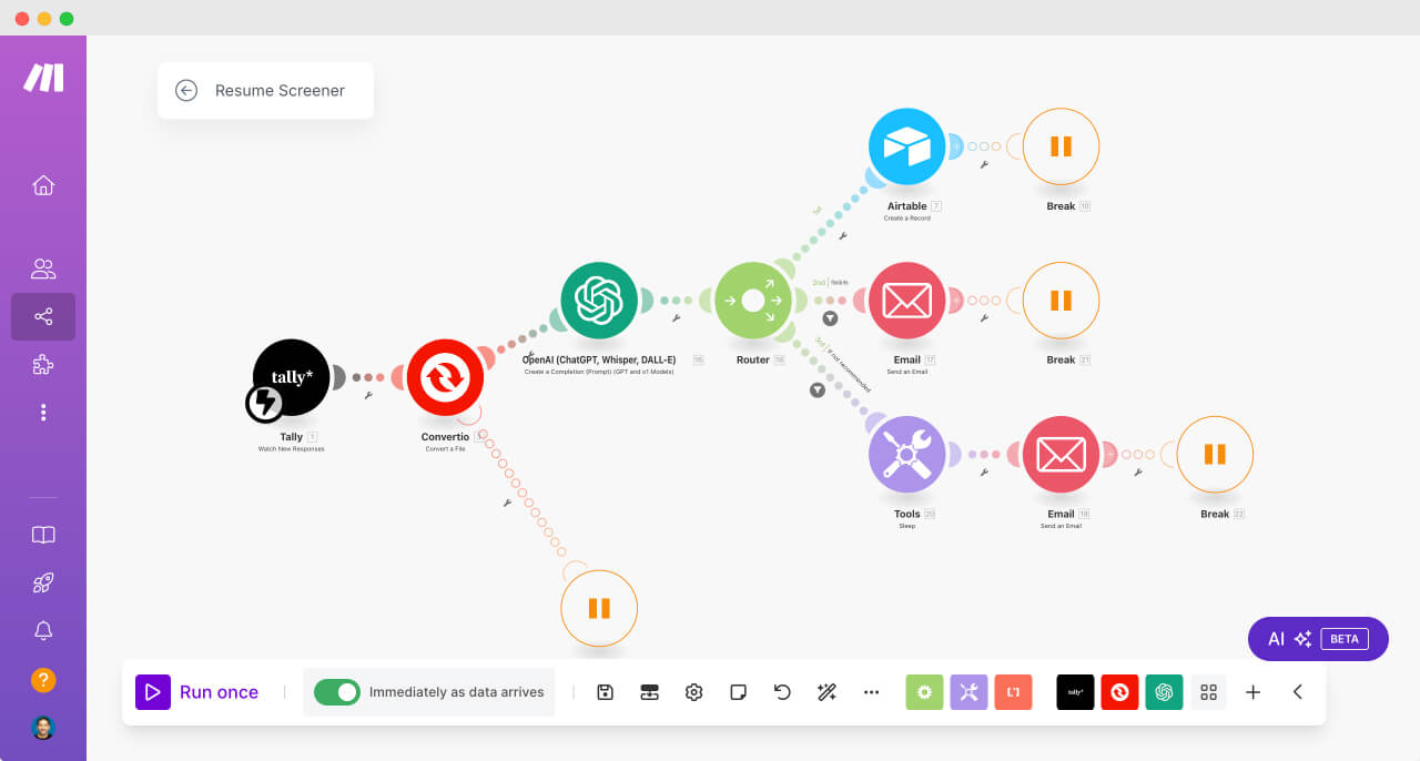 Resume screener automation in Make.com