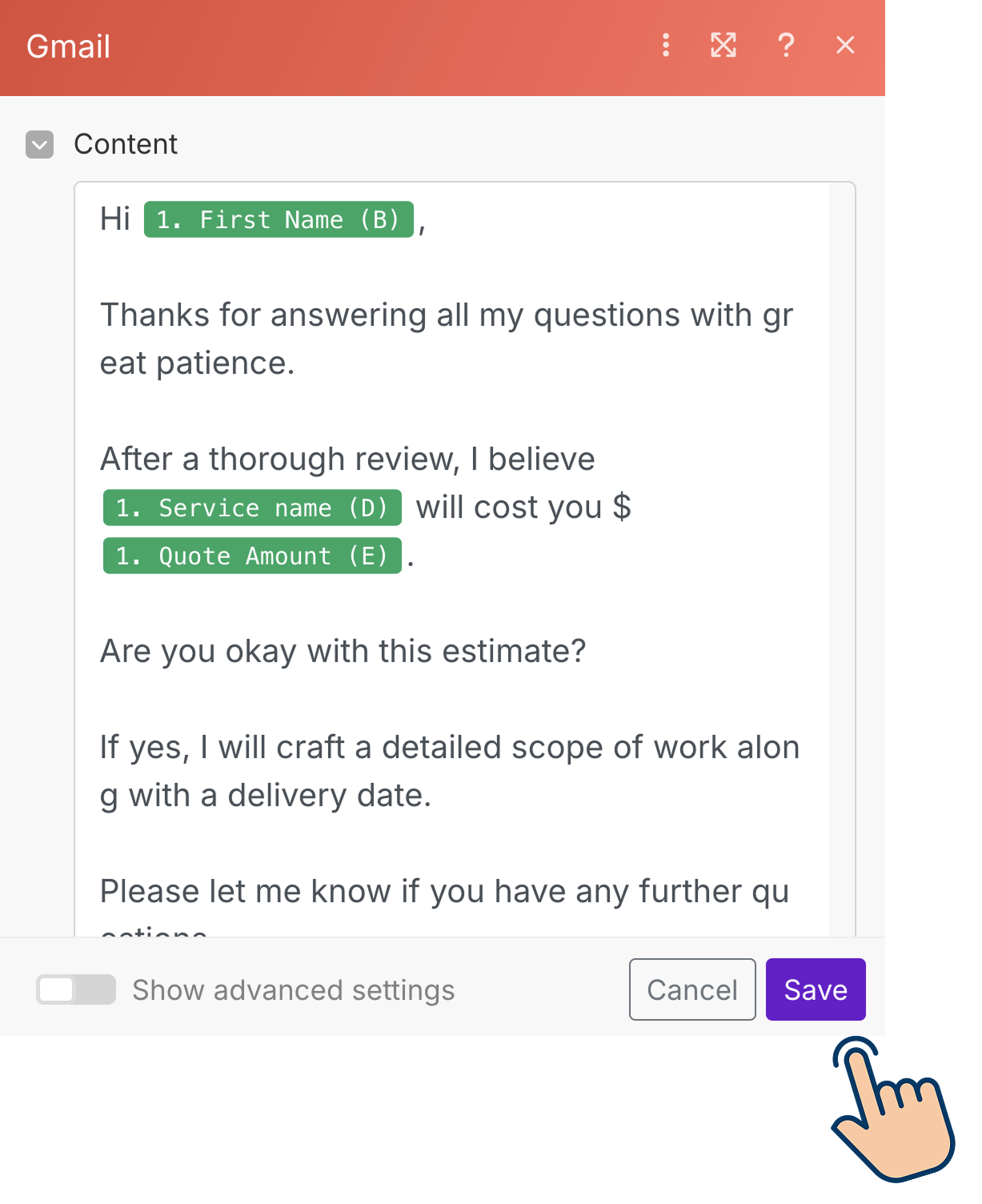The "Save" button for saving the configuration of "Send an Email" module.