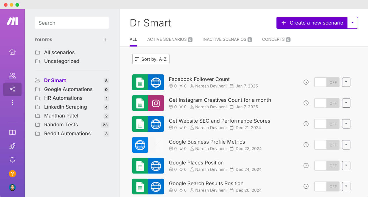 Scenario's screen on make.com