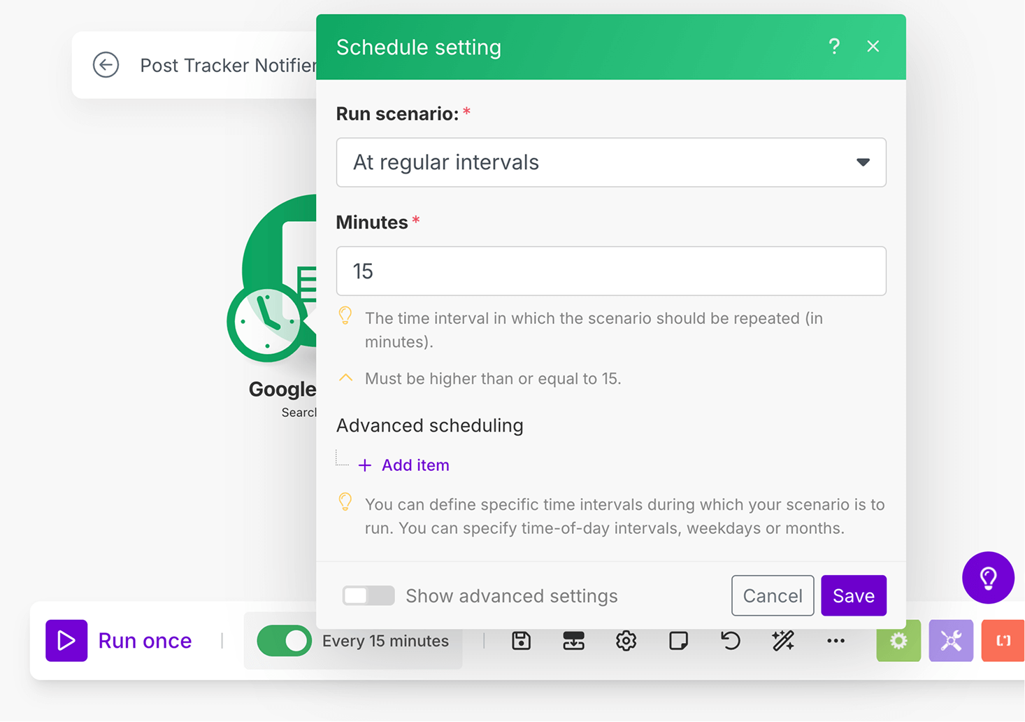 Schedule setting panel of make.com