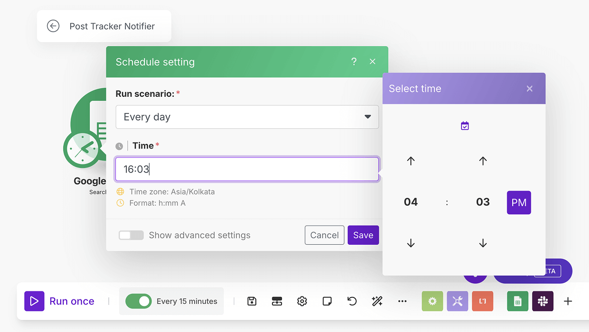 The time option of the Schedule setting panel