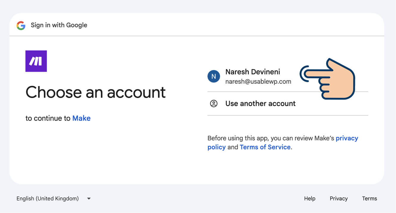 Selecting a Google account with professional email address