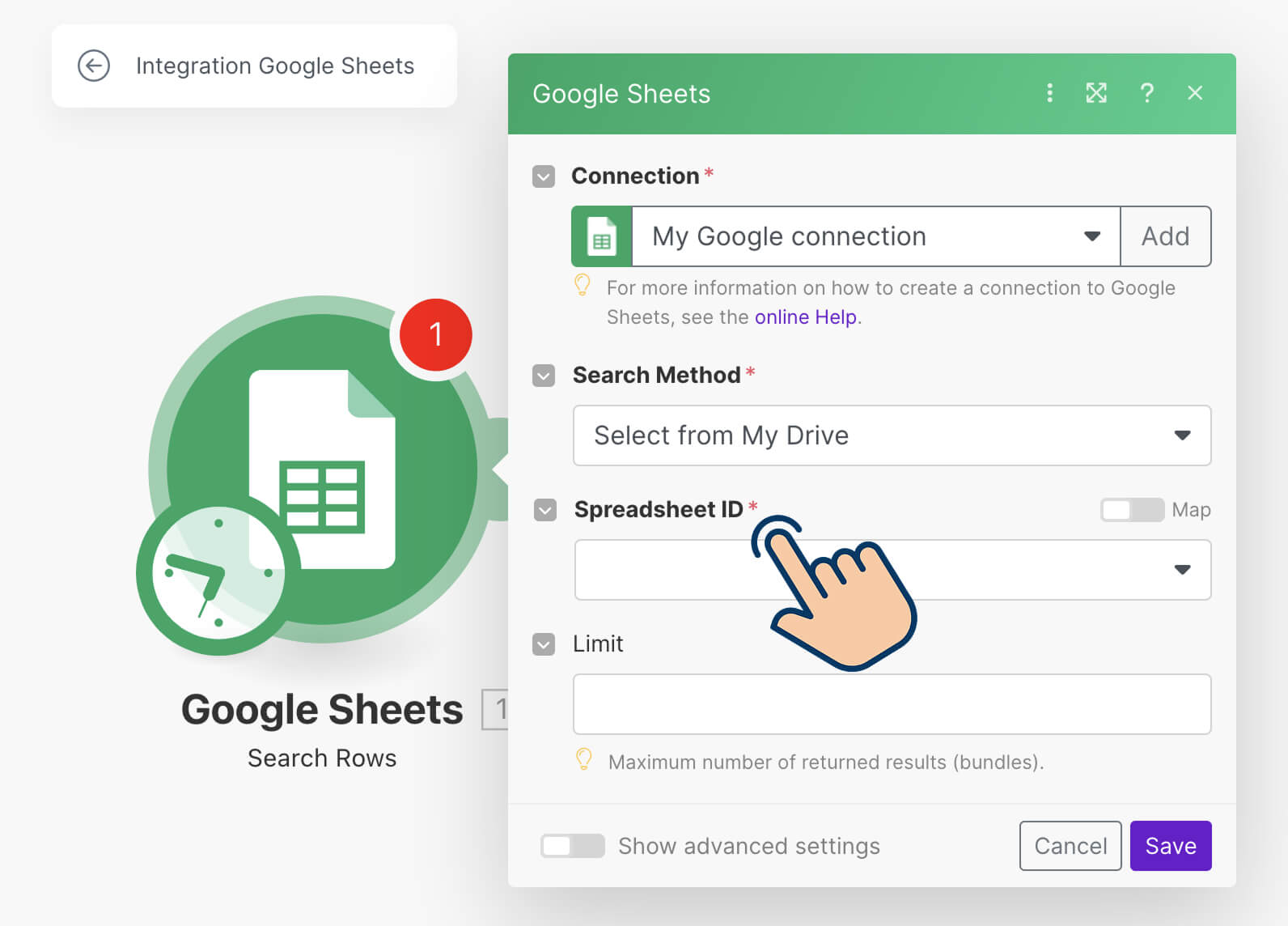 The location of the Spreadsheet ID option on the Google Sheets App configuration popup
