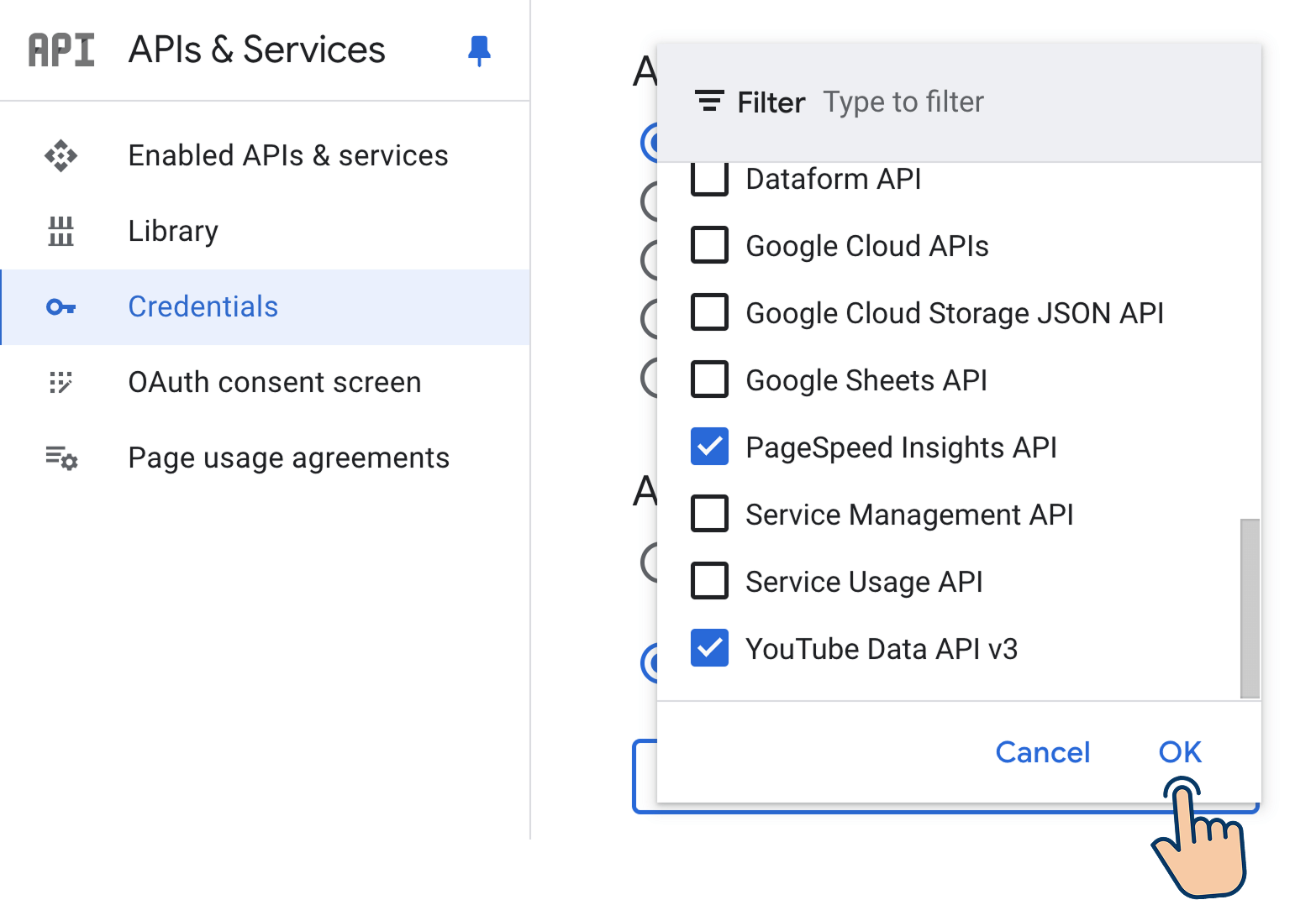 Select the APIs and Click ok