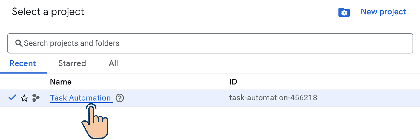 Select the newly created project