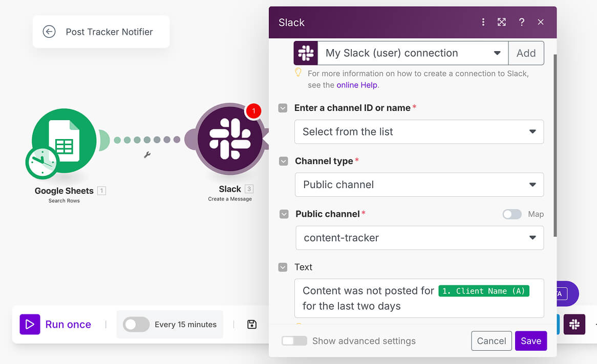 Slack's "Create a message" module