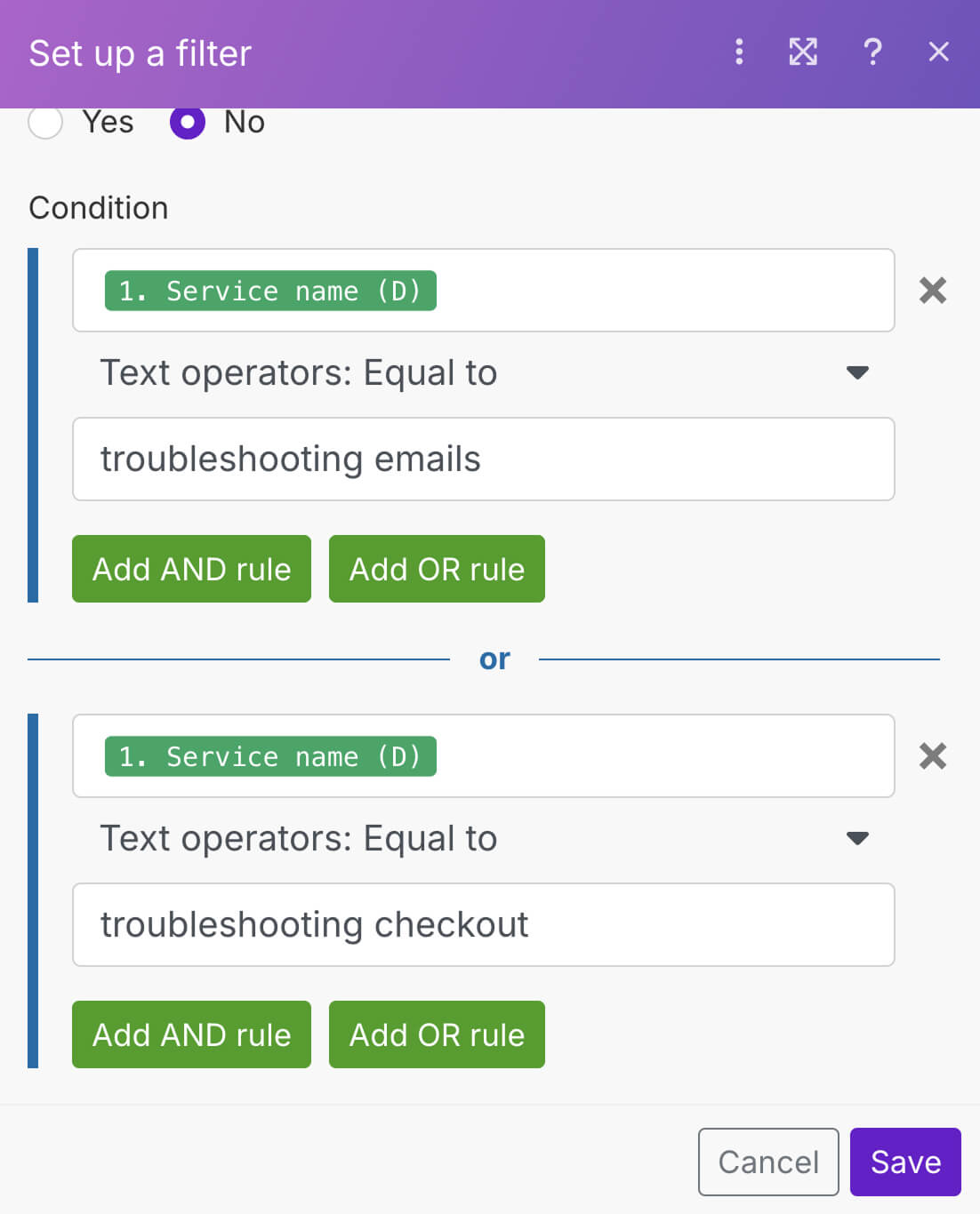 Condition for checking if service name is equal to "troubleshooting emails" or "troubleshooting checkout"