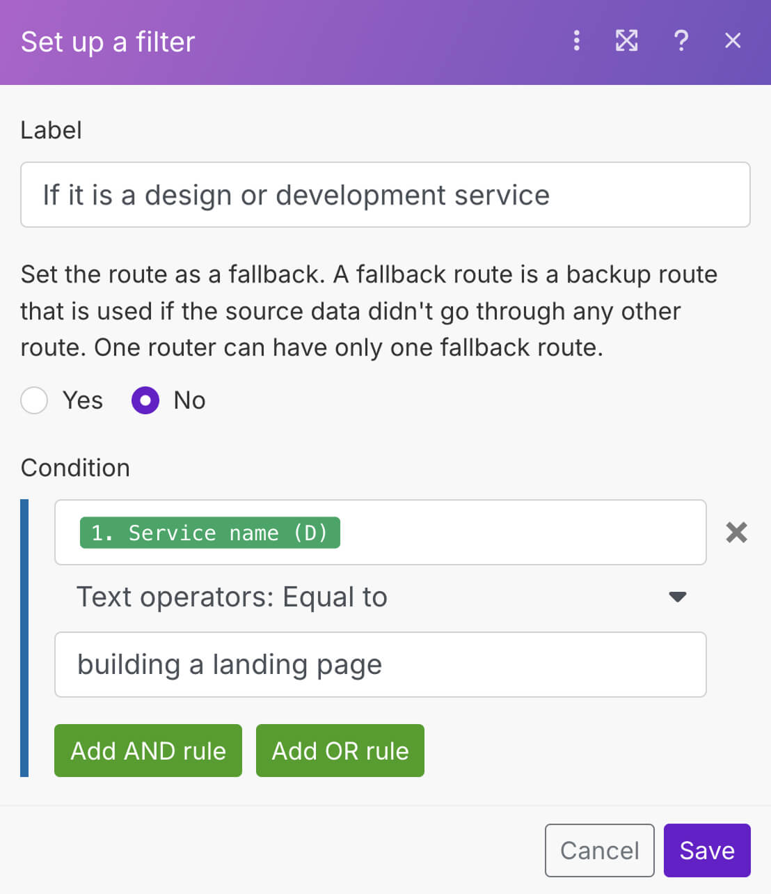 A condition built for checking if service name is equal to the value of "building a landing page"