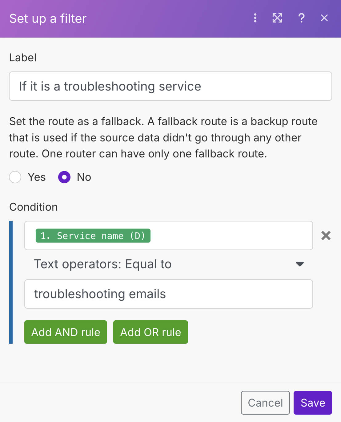 A condition built for checking if service name is equal to the value of "troubleshooting emails"
