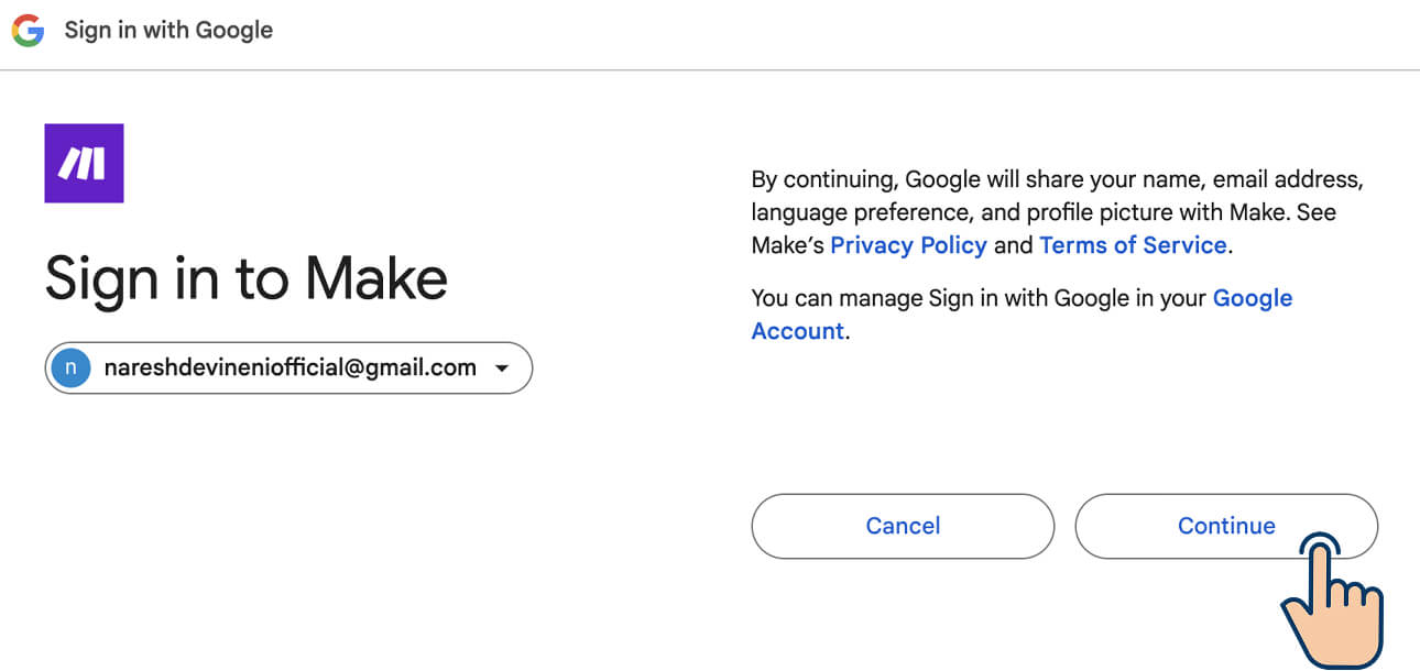 Google taking confirmation from me about sharing my name, email address, etc. with Make.com