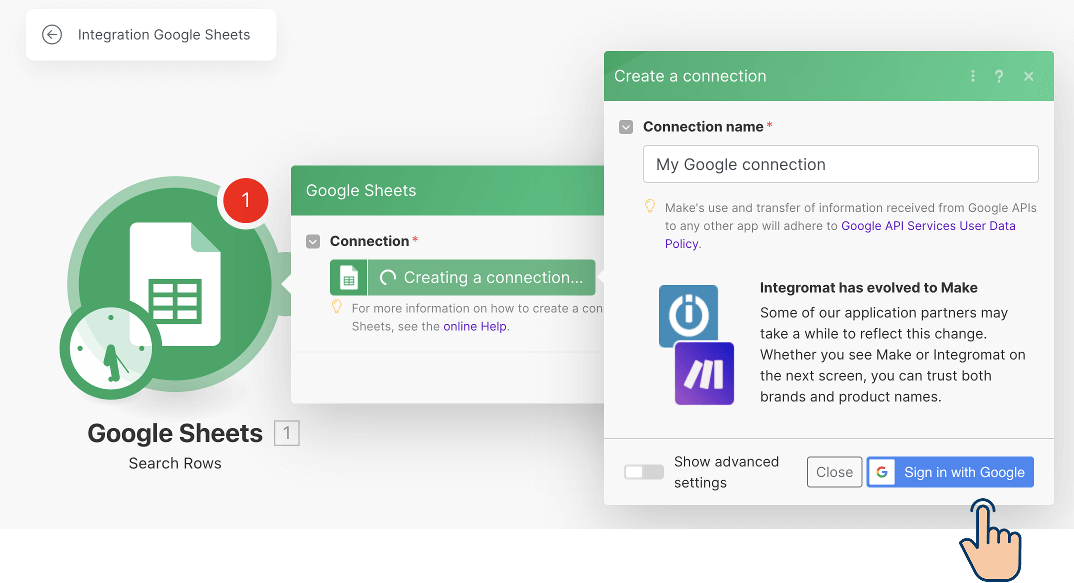 Sign in with Google for authorizing Make.com to manage your Google Sheets