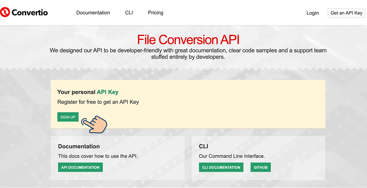 Sign up for free usage of Convertio API