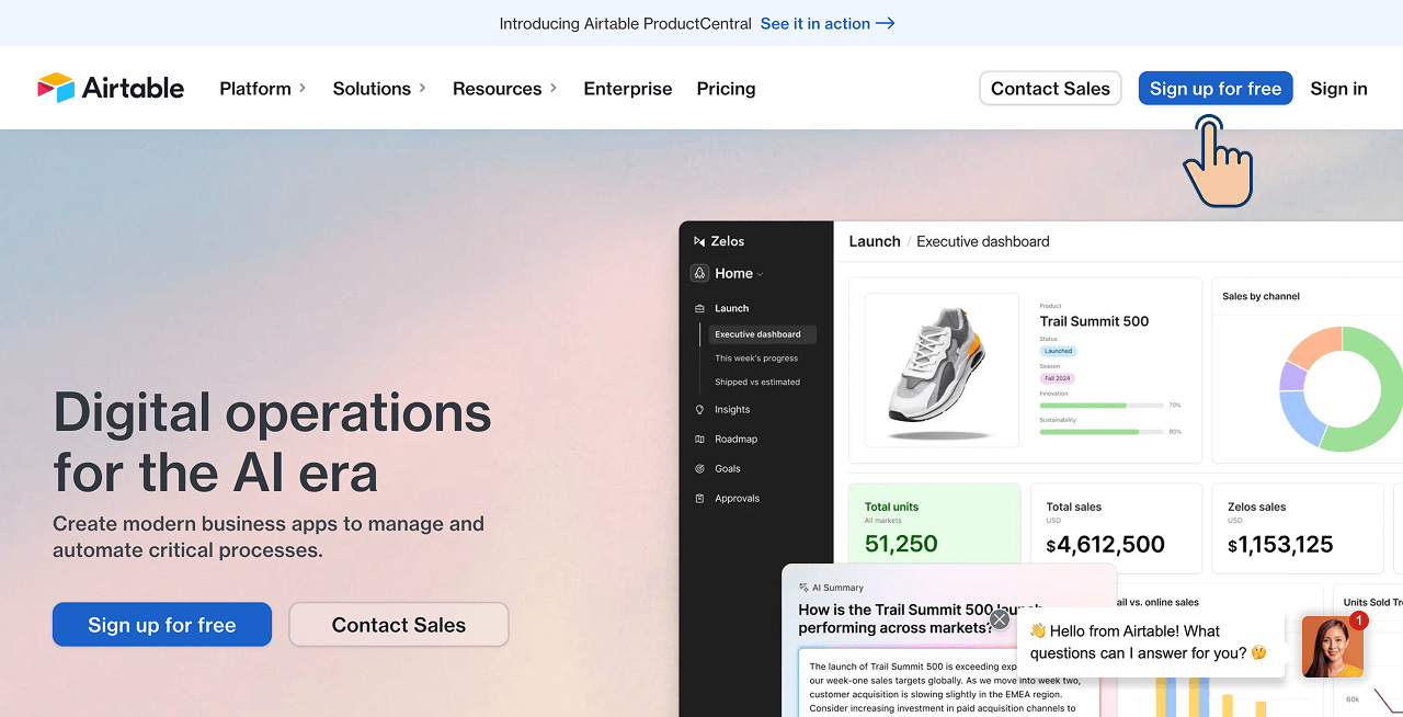 Sign up for free on Airtable