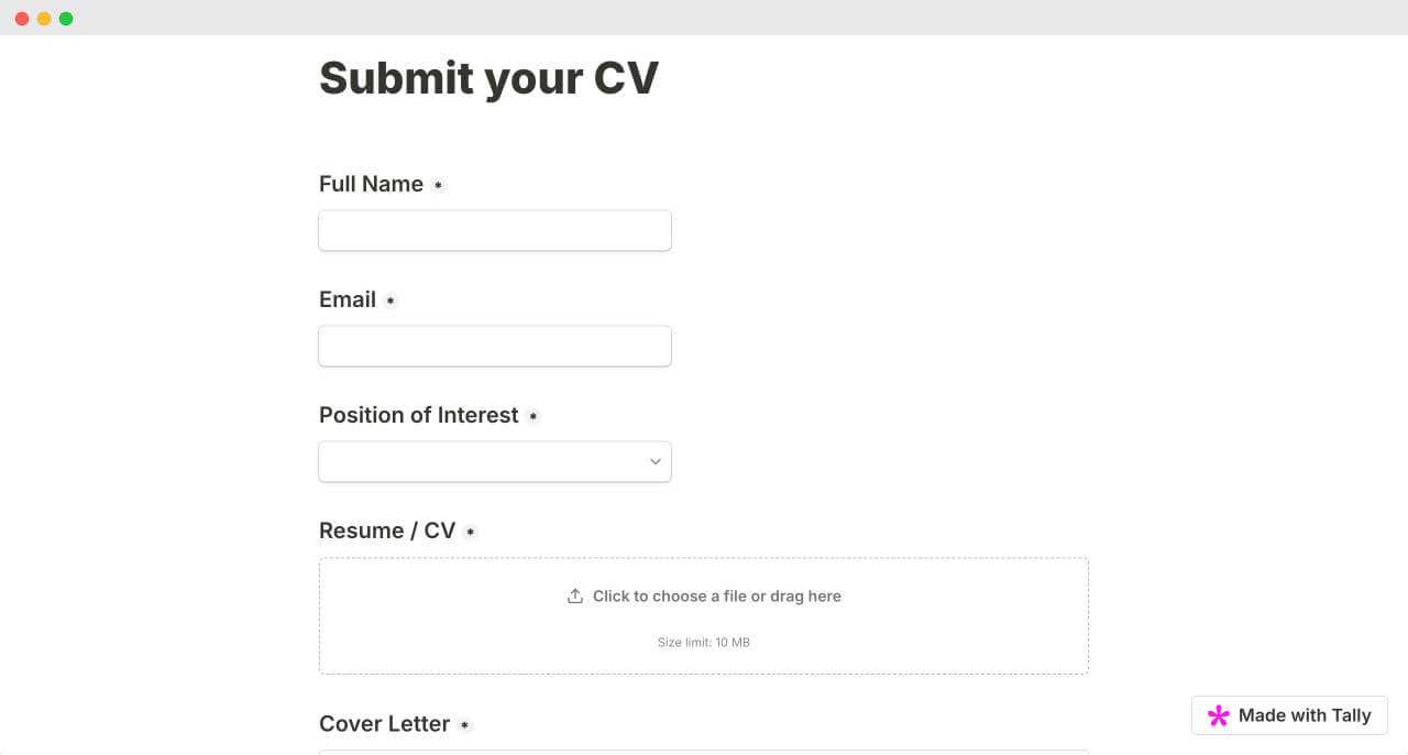 Form for submitting a CV