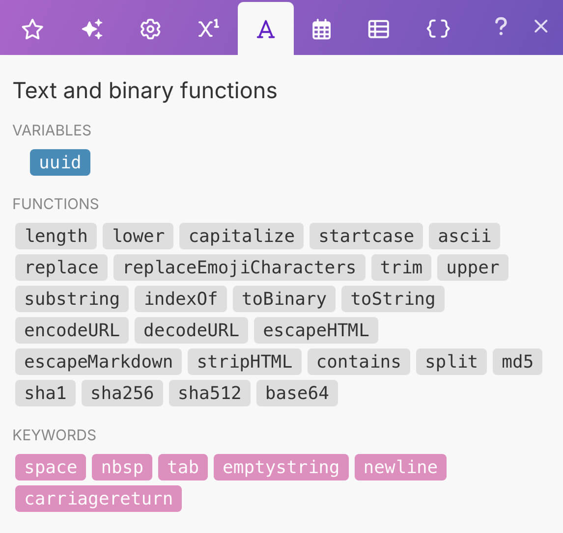 Text and binary functions tab
