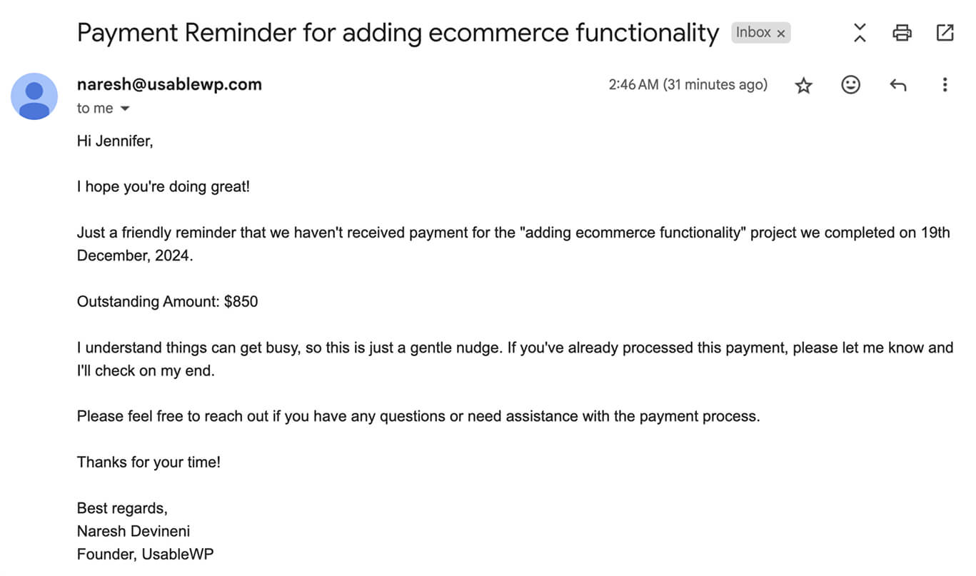 Payment reminder email that is sent to the clients