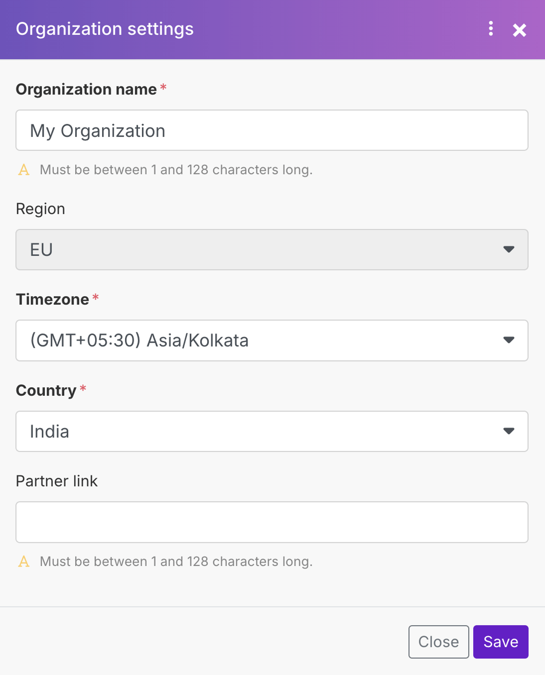 Organization settings panel with the timezone setting