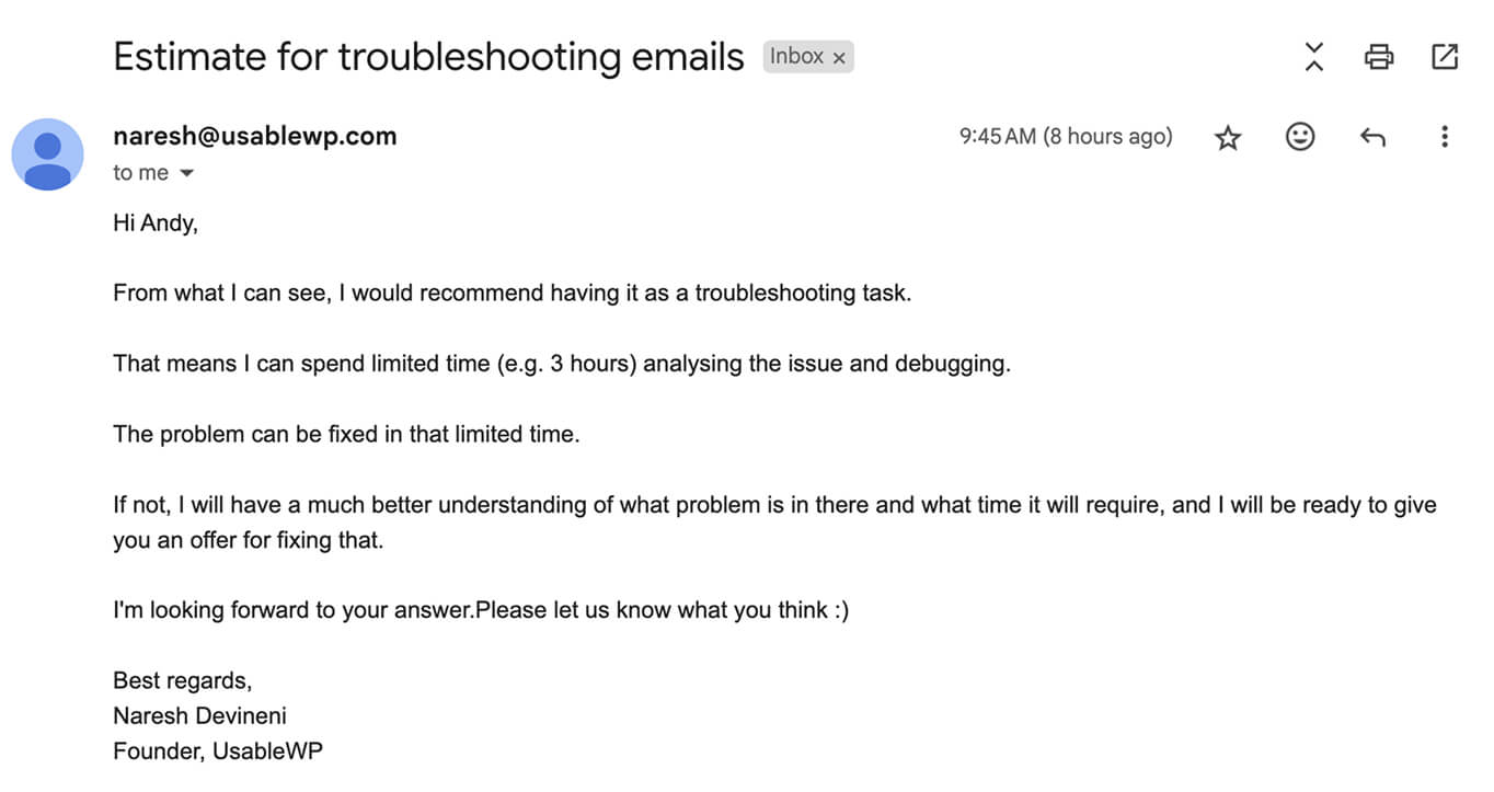 The preview of the email sent to the lead using the troubleshooting template