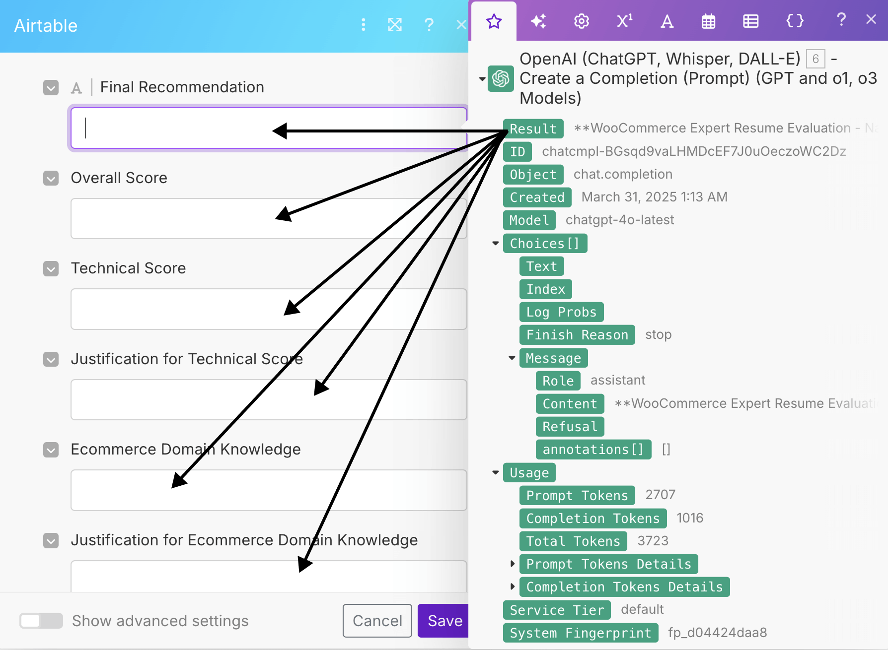 Trying to map key details of ChatGPT response to the correspondingAirtable columns