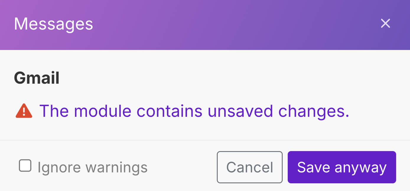 Message dialog saying "The module contains unsaved changes"