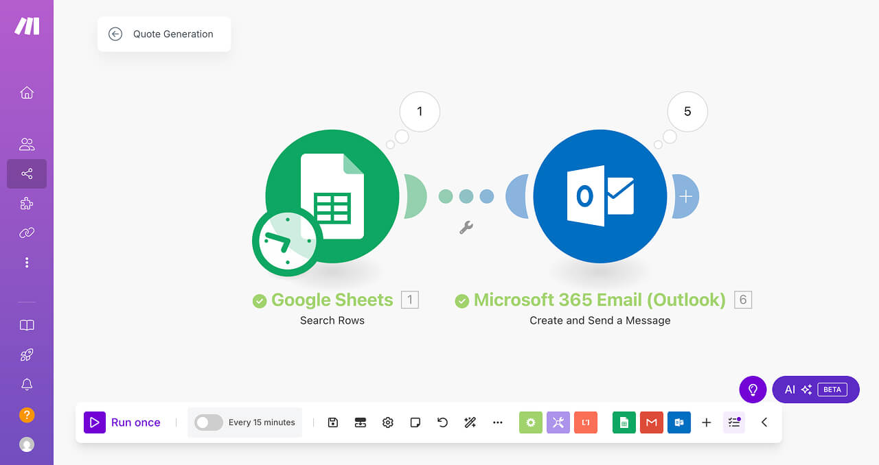 Diagram of Quote Generation automation with Outlook app instead of Gmail app